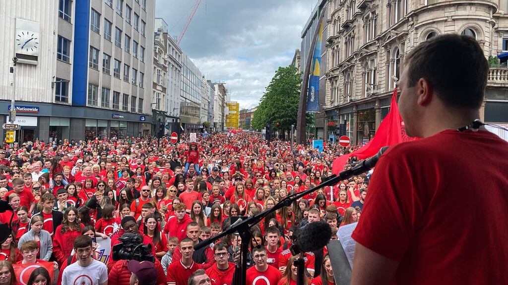 The view from the stage of an Irish-language protest in Belfast on Saturday. Photograph: An Dream Dearg/Facebook