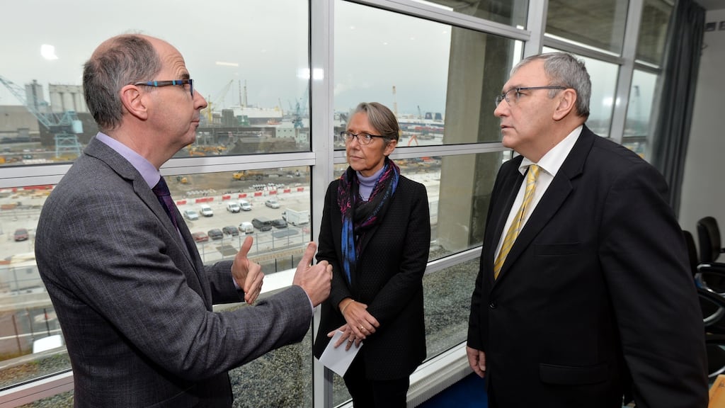 Michael Sheary from the Irish Ports Association with Elisabeth Borne, French Minister for Transport and Meriadec Le Mouillour from the Union Des ports Francais at the signing of a memorandum of Agreement at Dublin Port. Photograph: Alan Betson