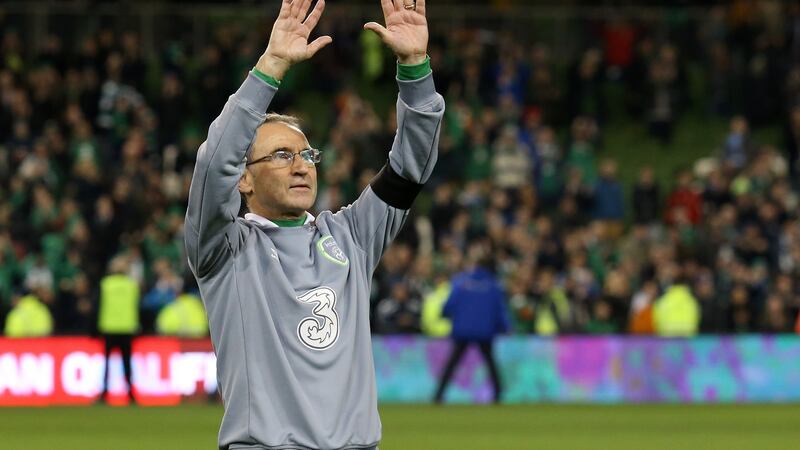Ireland manager Martin O’Neill celebrates qualification for Euro 2016 after Ireland beat Bosnia and Herzegovina at Aviva Stadium. Photograph: Jean Catuffe/Getty Images