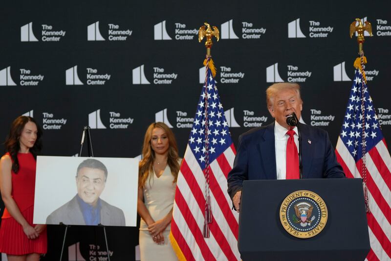 Donald Trump reveals Sylvester Stallone is one of the honorees at the John F Kennedy Center for Performing Arts in Washington on Wednesday. Photograph: Tierney L Cross/The New York Times