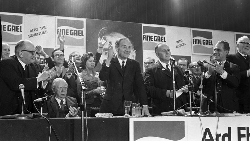 Liam Cosgrave addressing the Fine Gael ardfheis in May 1971. On the left are James Dillon and former taoiseach John A Costello. Photograph: Independent News and Media/Getty Images