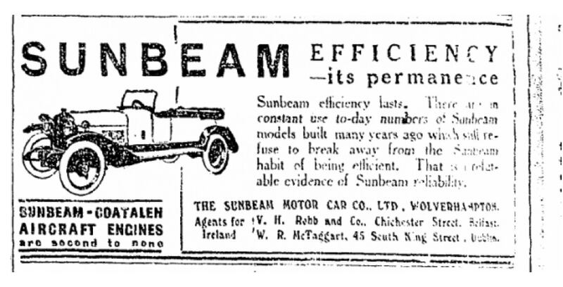 Sunbeam ad, The Irish Times, February 26th, 1920