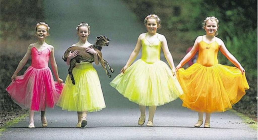 Girls from the McDermott School of Classical Ballet and Dance taking a stroll with a kid goat at a photocall in Lough Key Forest Park yesterday to announce details of this year’s Boyle Arts Festival. It will run from July 21st-31st in the Co Roscommon town. PHOTOGRAPH: BRIAN FARRELL