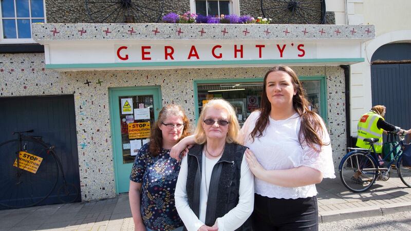 Kathleen Geraghty outside the family shop with her daughter Rita (left) and grandaughter, Karen. Photograph: Brian Farrell