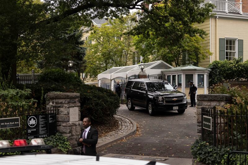A vehicle drives out of Gracie Mansion, the official residence of New York City mayor Eric Adams, in New York. Photograph: Yuki Iwamura/AP
