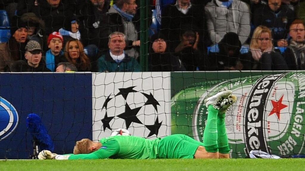 Joe Hart shows his dejection after Manchester City conceded a goal to make it 1-1 during the Uefa Champions League Group D soccer match against FC Viktoria Plzen in Manchester. Photograph: Peter Powell/EPA