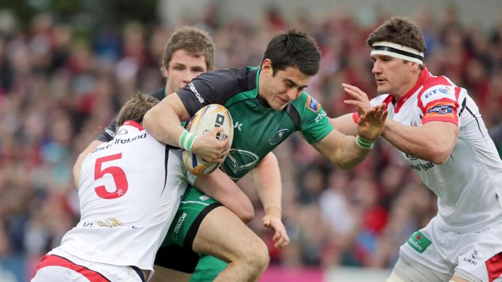 Ulster’s Iain Henderson and Robbie Diack tackle Tiernan O’Halloran of Connacht at Ravenhill. Photograph: Morgan Treacy/Inpho