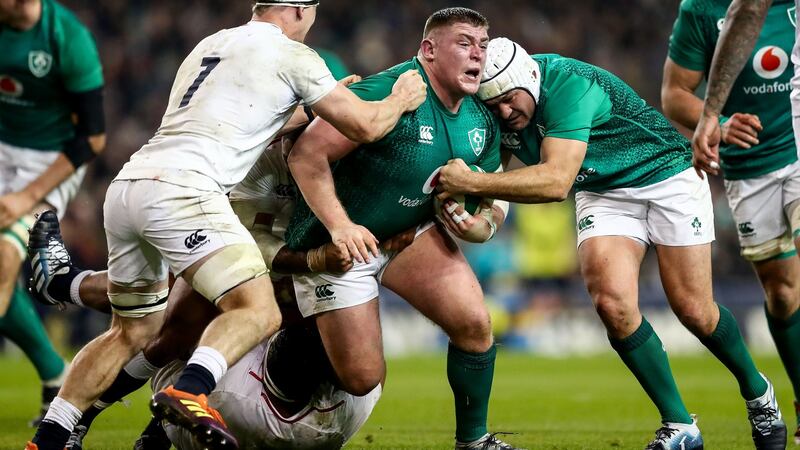 Tadhg Furlong carries during Ireland’s opening defeat to England. Photograph: James Crombie/Inpho