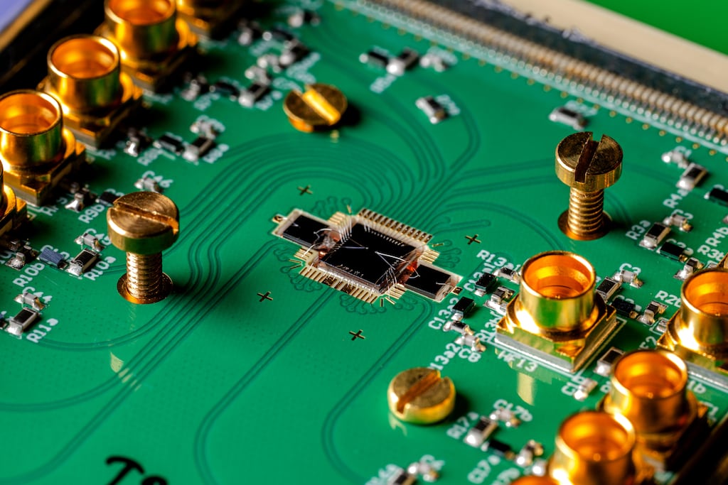 A view of one of the chips that powers Equal1's Bell-1 server, the world's first sillicon-based quantum computing server. Photograph: Albert Law