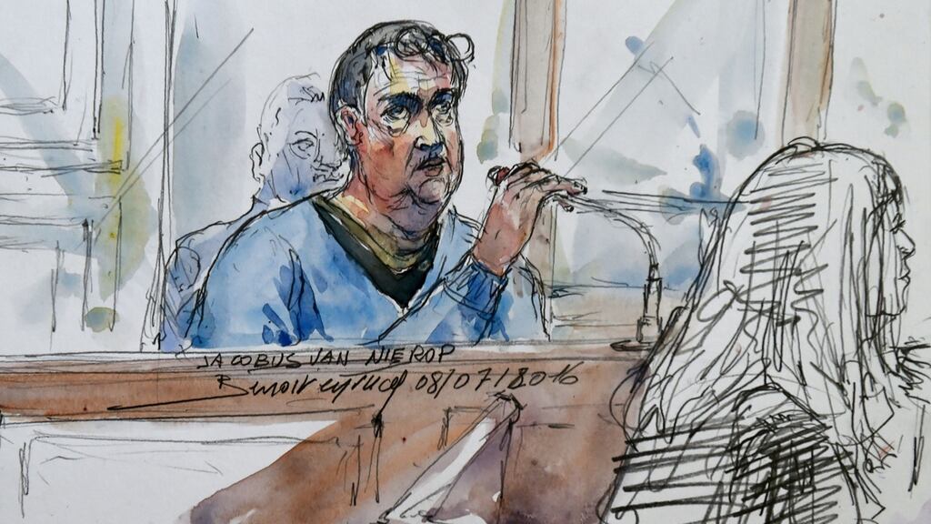 A courtroom sketch shows Dutch dentist Jacobus Marinus Van Nierop dubbed ‘the dentist of the horror’ attending his trial at the Nevers courthouse in central France. Photograph: Benoit Peyrucq/AFP/Getty Images.