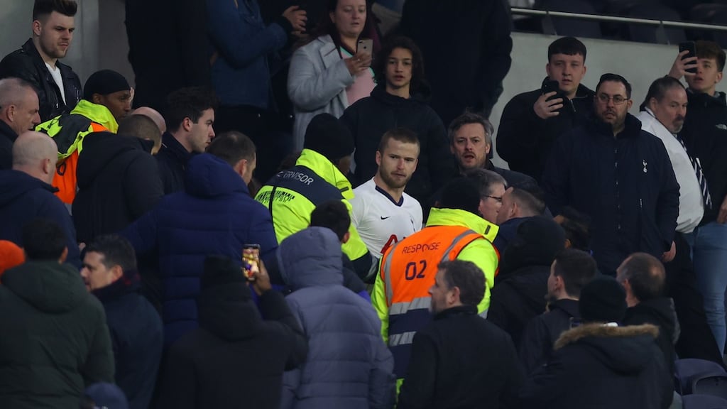 Tottenham Hotspur’s Eric Dier sought out the abusive supporter in the stands who had become embroiled in an argument with his youngest brother after his team’s defeat to Norwich City at Tottenham Hotspur Stadium. Photograph: Julian Finney/Getty Images