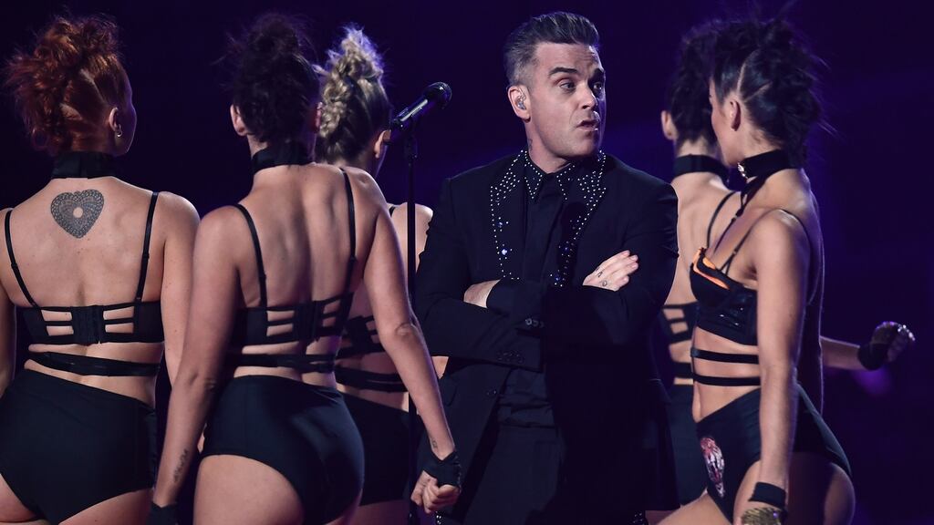 Robbie Williams performs on stage at The BRIT Awards 2017 at The O2 Arena on February 22, 2017. Photograph: Gareth Cattermole/Getty Images