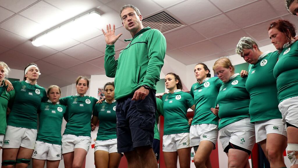 Coach Tom Tierney addresses the Ireland squad following the 5th Place play-off defeat to Australia at the Kingspan Stadium. Photograph: Dan Sheridan/Inpho