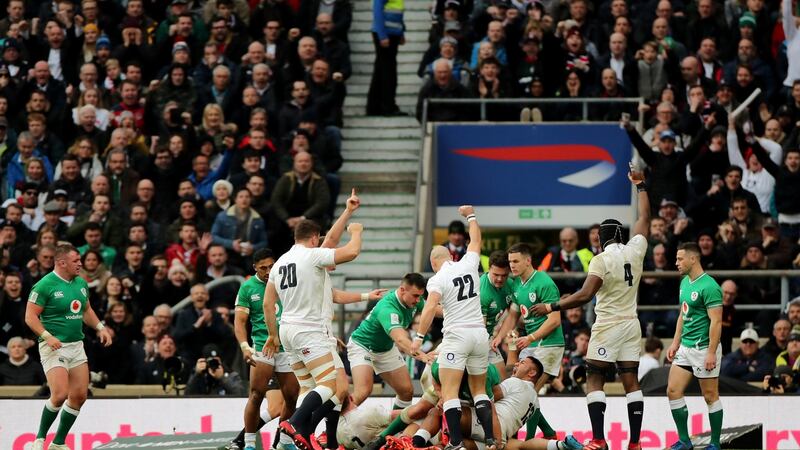England celebrate Luke Cowan-Dickie’s try at Twickenham. Photograph: James Crombie/Inpho