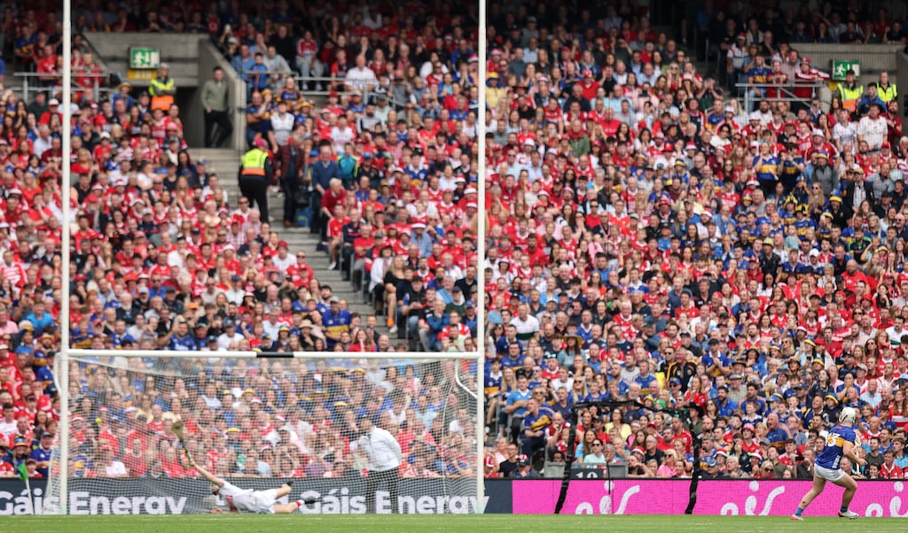 Tipperary's Darragh McCarthy scores a penalty in the All-Ireland Senior Hurling Championship final against Cork at Croke Park. Photograph: Ryan Byrne/Inpho