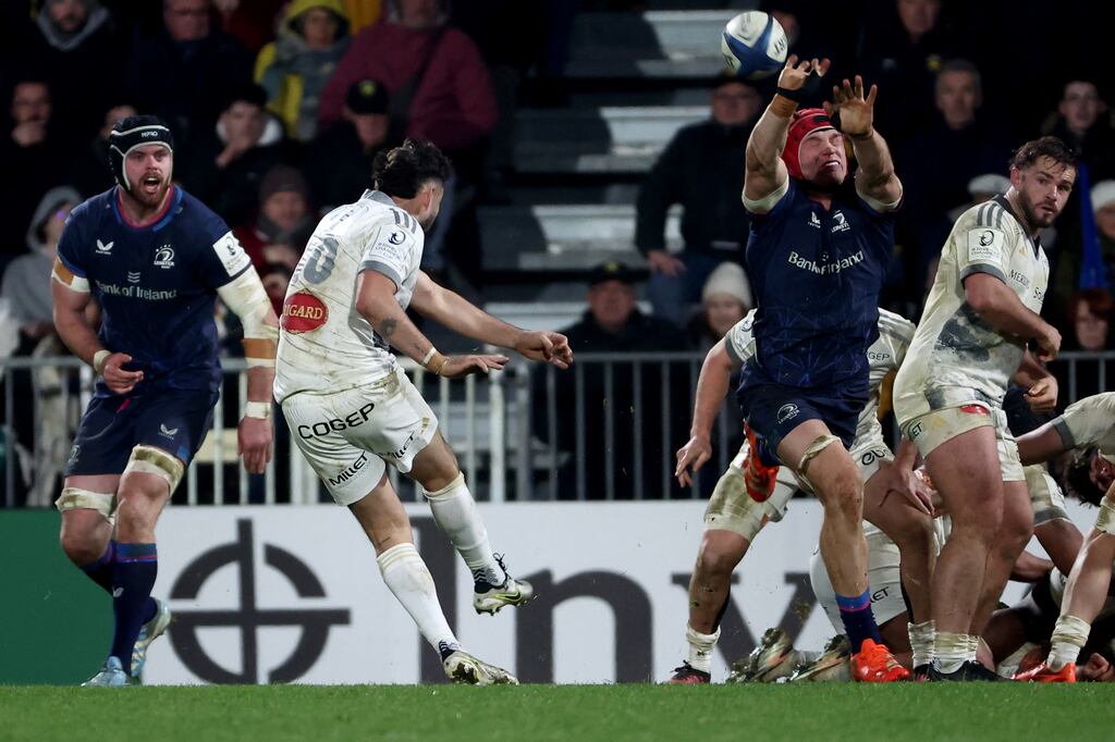 Leinster flanker Josh van der Flier blocks La Rochelle outhalf Antoine Hastoy's drop goal in the last minute of the Champions Cup match at Stade Marcel Deflandre. Photograph: Romain Perrocheau/AFP via Getty Images