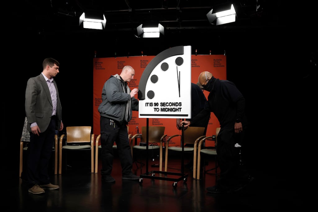 The Doomsday Clock is the metaphorical device used to gauge the existential threat of nuclear destruction as well as the threats of climate change and biotechnology. Photograph: Anna Moneymaker/Getty