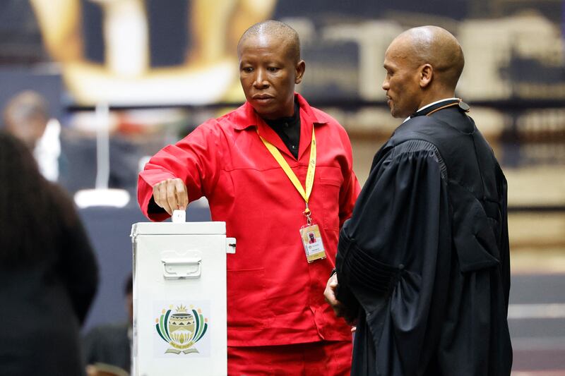 Economic Freedom Fighters (EFF) leader Julius Malema casts his ballot for speaker for parliament during the first sitting of the new South African parliament in Cape Town. Photograph: Wikus De Wet/AFP via Getty Images