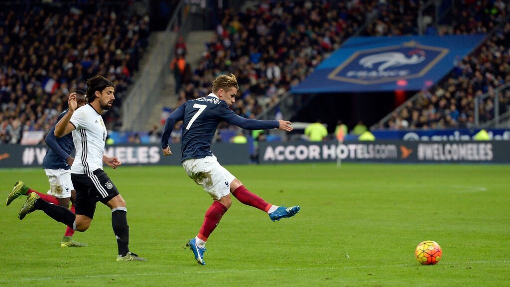 French midfielder Antoine Griezmann shoots during the friendly international against Germany. Photograph: Getty Images