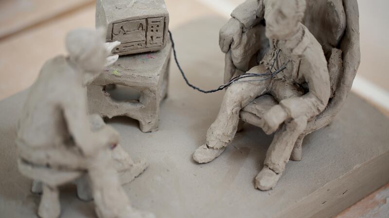 Olav Westphalen, Brian O’Doherty takes an ECG reading of Marcel Duchamp’s heartbeat, production still of a model for the Museum of Modern Comedy in Art (MoMCo), 2017. Photograph: Senija Topcic