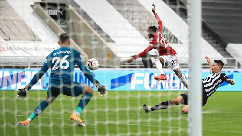 Wan-Bissaka scores United’s third. Photo: Owen Humphreys/PA Wire