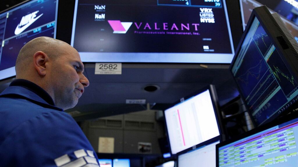 The New York Stock Exchange: Valeant’s US shares are down around 90 per cent since hitting a record high last August. The decline came amid a backlash against its steep drug price increases and unorthodox business practices. Photograph: Brendan McDermid/Reuters
