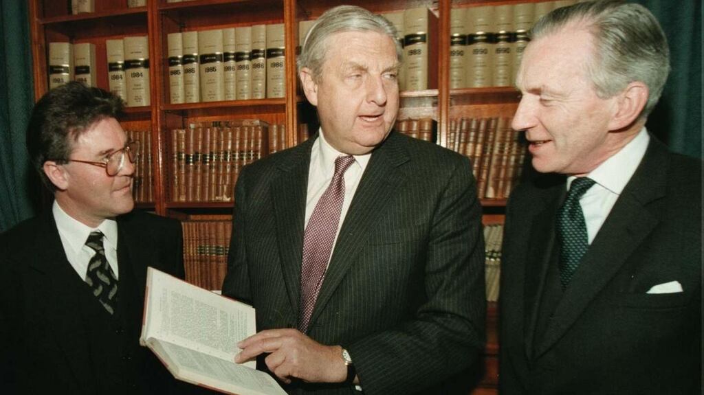 Sir Patrick Mayhew (centre) photographed in 1996 as he launched the new Bar Library Directory at Belfast High Court with Sir Brian Hutton, Lord Chief Justice (right) and Eugene Grant, Chairman General Council of the Bar in 1996. Photograph: Brian Little/PA
