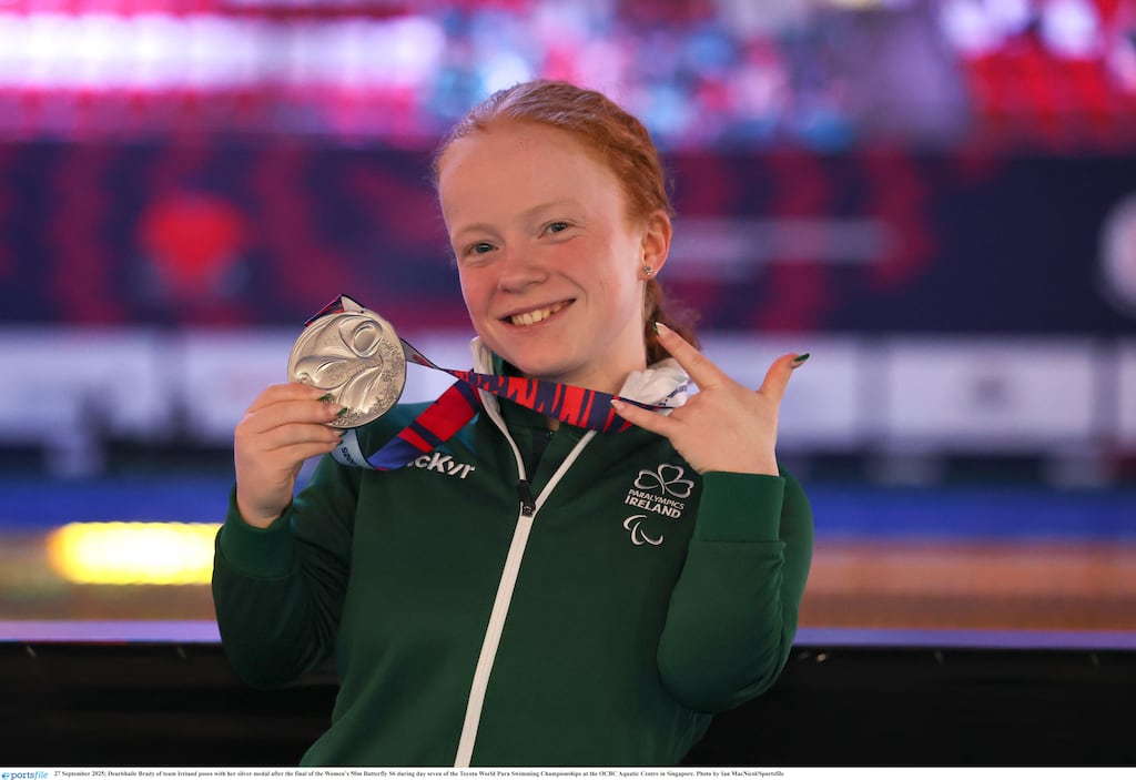 Ireland's Dearbhaile Brady celebrates with her silver medal after the S6 50m butterfly final on the final day of the World Para Swimming Championships. Photograph: Ian MacNicol/Sportsfile