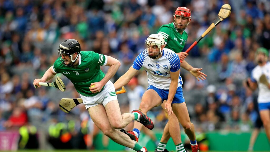 Limerick captain Declan Hannon in action against Waterford’s Dessie Hutchinson during the All-Ireland hurling semi-final at Croke Park. Photograph: Ryan Byrne/Inpho