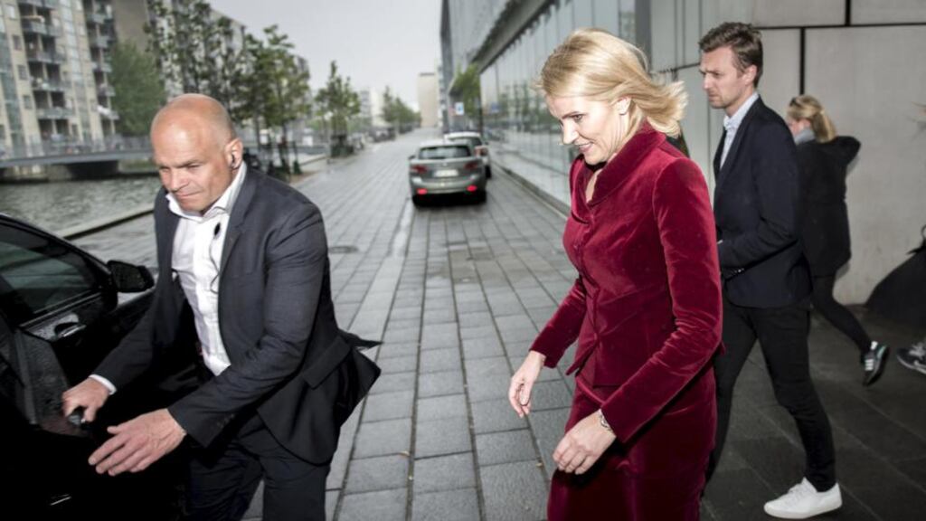 Denmark’s prime minister Helle Thorning-Schmidt leaves the set of the final televised duel with opposition leader Lars Lokke Rasmussen in Copenhagen. Photograph: Simon Skipper/Reuters