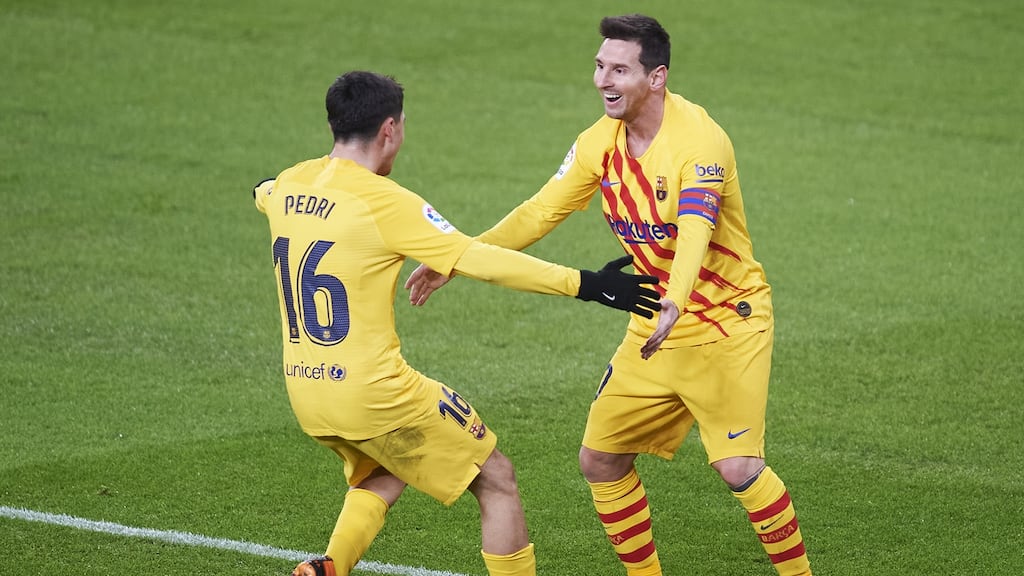 Lionel Messi celebrates a goal against Athletic Bilbao with Pedri. Photograph: Juan Manuel Serrano Arce/Getty