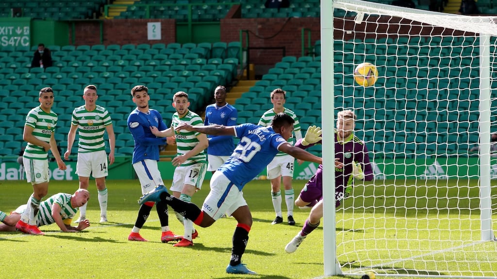 Rangers’ Alfredo Morelos scores his side’s equaliser during the Scottish Premiership draw with Celtic at Celtic Park, Glasgow. Photo: Andrew Milligan/PA Wire