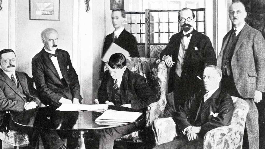 The treaty makers, December 6th, 1921: Including Arthur Griffith, Eamonn Duggan, Michael Collins, Robert Barton; standing, Gavan Duffy. Photograph: The Print Collector/Print Collector/Getty