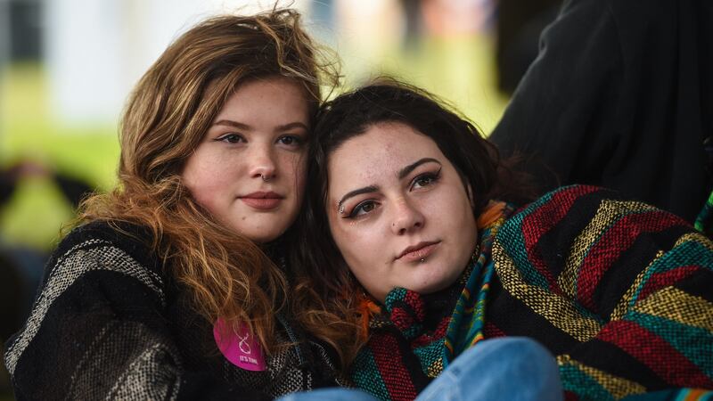 Aisling Mahon, left, and Lauren McBride, both from Greystones, Co Wicklow, pictured watching the film “Police Academy”  Photograph: Cody Glenn/Sportsfile