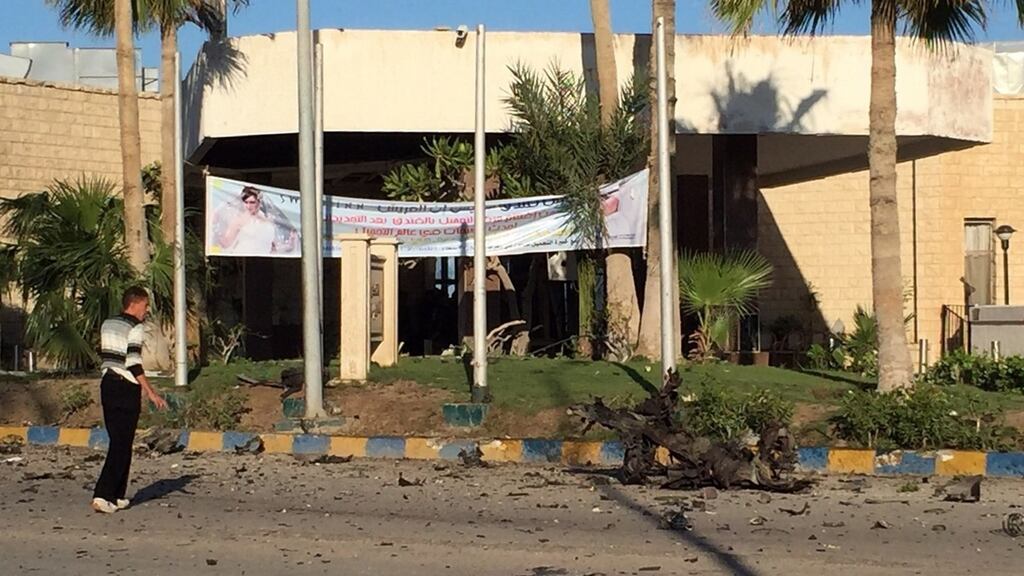 Damage outside the Swiss Inn hotel in the Egyptian town of El-Arish following an attack on the hotel by two suicide bombers and a gunman. Photograph: AFP/Getty Images