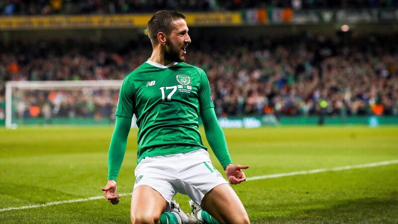 Conor Hourihane celebrates scoring the Republic of Ireland’s winning goal against Georgia. The midfielder’s pathway to the national team has been a long, winding road. Photograph: Ryan Byrne/Inpho