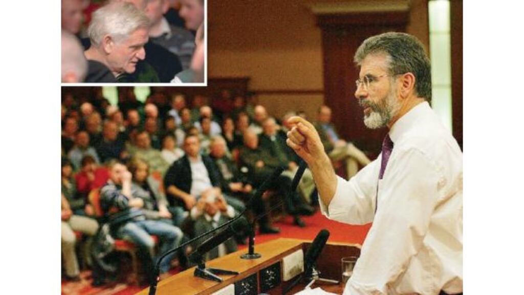 Sinn Féin president Gerry Adams addressing last night's
meeting on policing in Northern Ireland, in Ballyconnell, Co Cavan.
Inset: James Monaghan, one of the "Colombia Three", arrives at the
meeting.