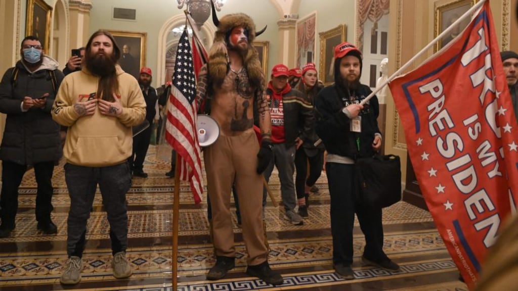 Trump supporters who broke into the Capitol building last January: Barbara F Walter contends that civil wars are most likely to occur in countries in a 'middle ground' between democracy and autocracy known as 'anocracy'. Photograph: Saul Loeb/AFP