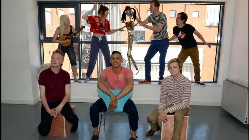 From front left, Dan Colley, Aaron Heffernan and Jack Gleeson of Collapsing Horse Theatre Company with (standing, from left) Megan Riordan, Aoife Leonard, Lelia Manus Halligan and John Doran. Photograph: Brenda Fitzsimons / The Irish Times