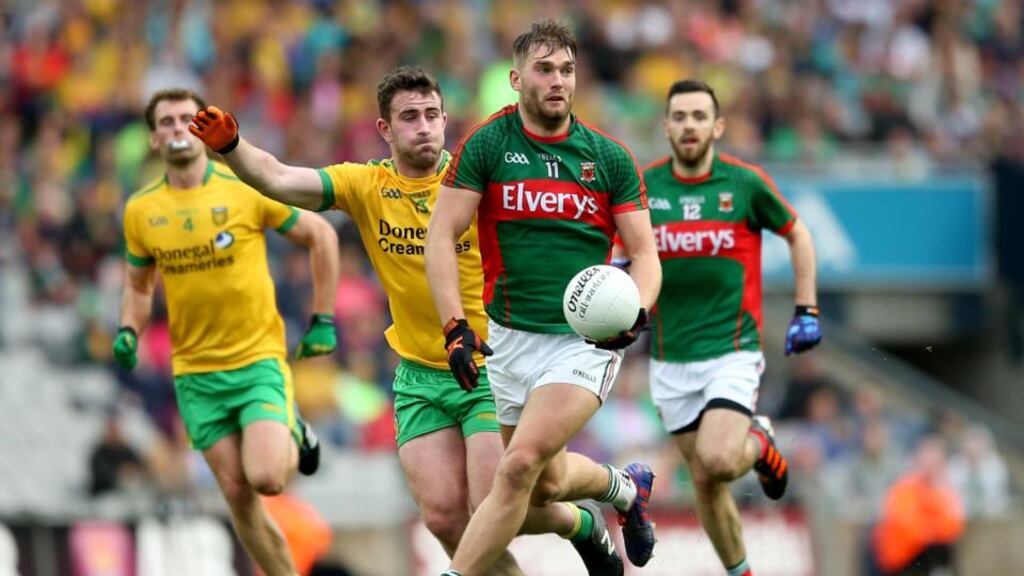 Aidan O’Shea in action for Mayo during their All-Ireland quarter-final against Donegal at Croke Park. Photo: James Crombie/INPHO