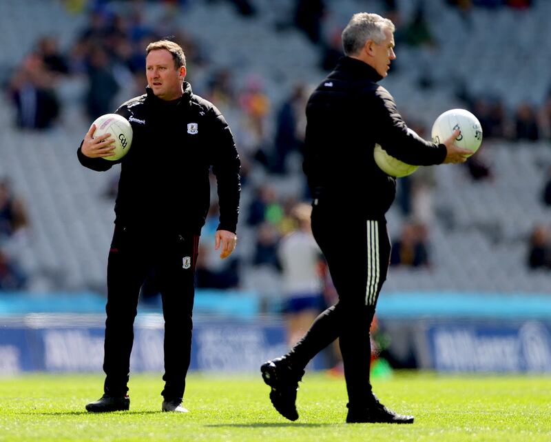 Former St Jarlath's team-mates, selector John Concannon and Galway manager Pádraic Joyce at Croke Park. Photograph: James Crombie/Inpho