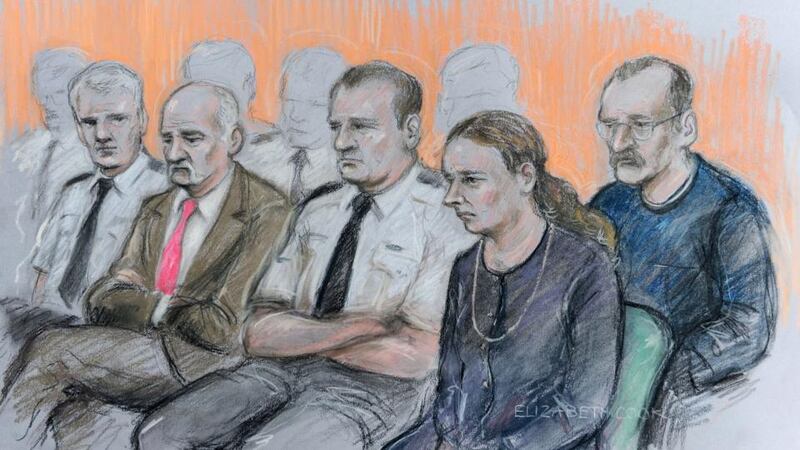 Court artist drawing of Mick Philpott (second from left) and wife Mairead (second from right) appearing at Nottingham Crown Court along with Paul Mosley (right) during their trial for the manslaughter of the Philpotts’ six children in a house fire in Allenton, Derby. Photograph: Elizabeth Cook/PA Wire