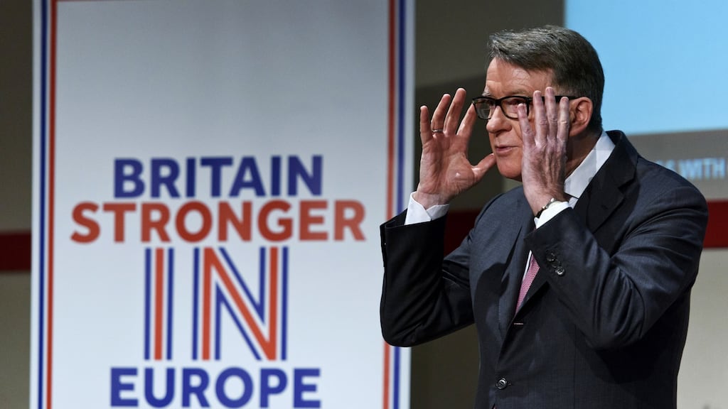 Lord Mandelson delivers a keynote speech during an event hosted by the Britain Stronger In Europe campaign in London last month. Photograph: Ben Pruchnie/Getty Images