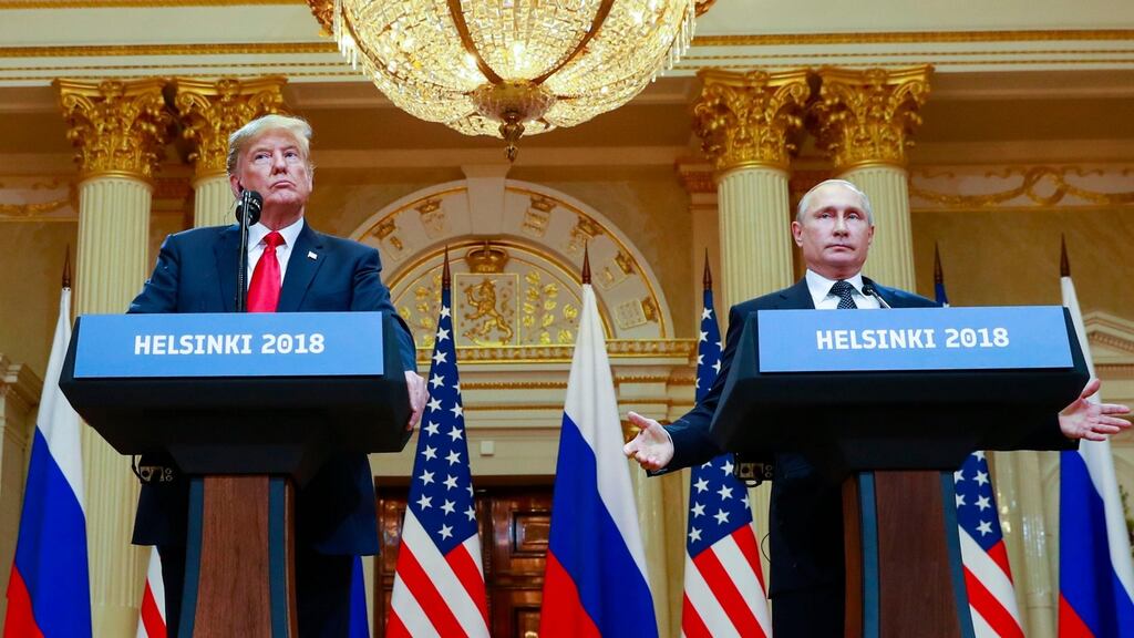 A file image of US resident Donald Trump with Russian president Vladimir Putin during a news conference in Finland in July 2018. Both countries have withdrawn from a cold war nuclear treaty. Photograph: NYT