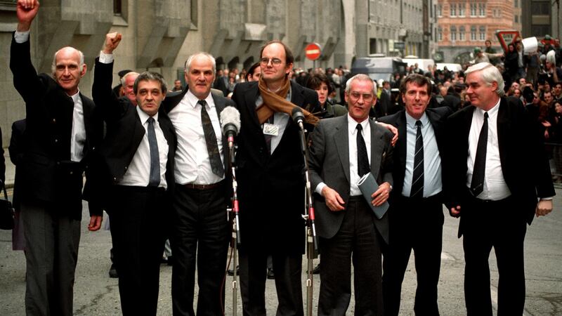British MP Chris Mullin (centre) with the Birmingham Six - John Walker, Paddy Hill, Hugh Callaghan, Richard McIlkenny, Gerry Hunter and William Power - outside the Old Bailey in London after their convictions were quashed in 1991. Photograph: Sean Dempsey/PA Wire