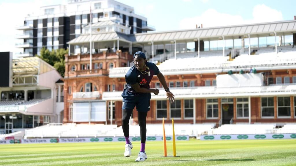 Jofra Archer of England bowls during a nets session at Lord’s on Tuesday. Photograph: Gareth Copley/Getty Images