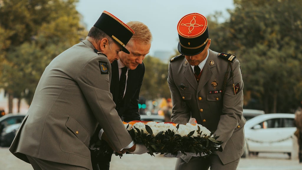The French ambassador to Ireland Vincent Guérend lays a wreath at the Arc de Triomphe. The ceremony remembered the Irish soldiers who fought in the service of France from the 17th to 19th centuries.