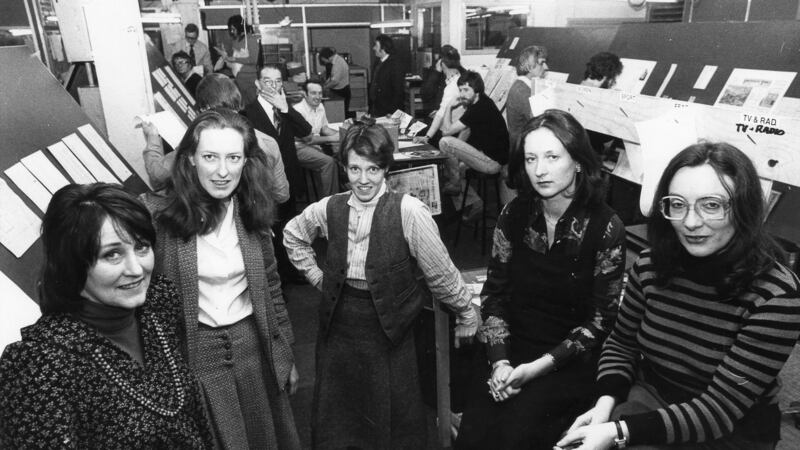 1980: The Irish Times women journalists from left: Mary Maher, Geraldine Kennedy, Patsey Murphy, Renagh Holohan and Christina Murphy. Photograph: Pat Langan