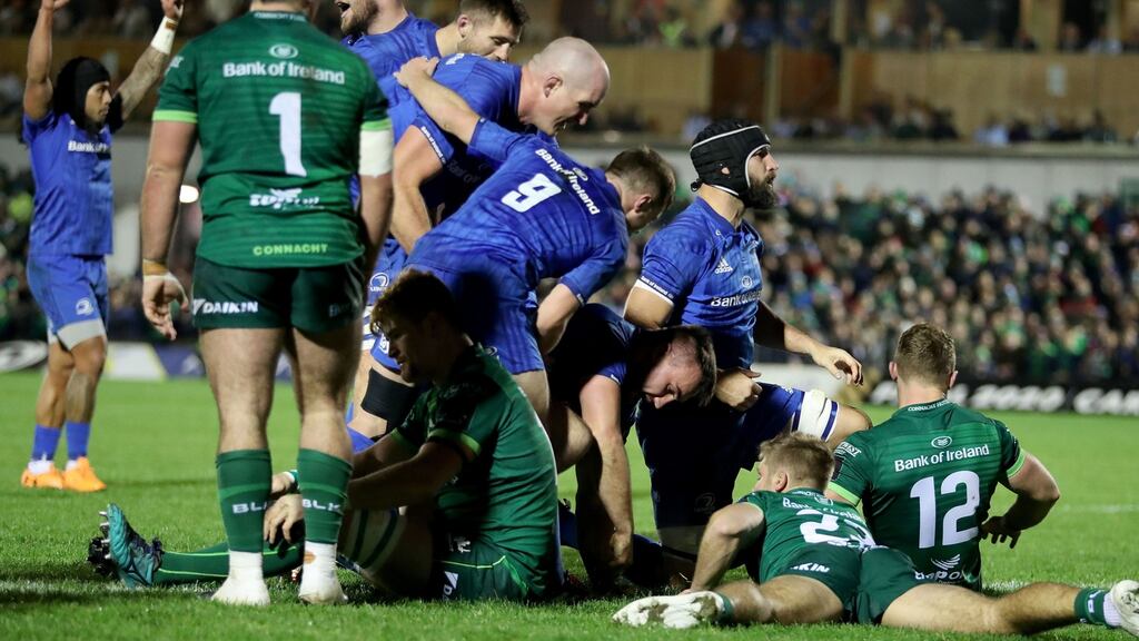 Ronan Kelleher scores his second try for Leinster  against Connacht at the Sportsgraound. Photograph: Dan Sheridan/Inpho