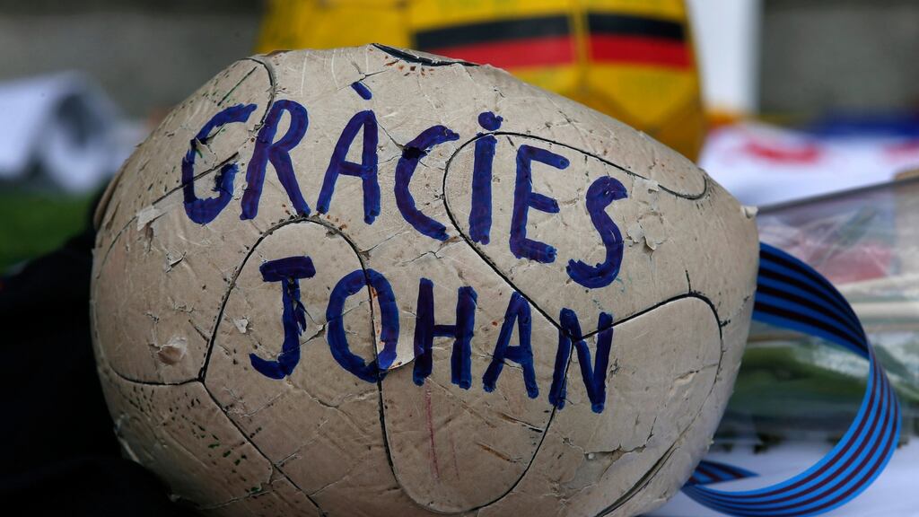 An old ball with the words “Thanks, Johan” is seen during a memorial event for Dutch soccer player Johan Cruyff at the Camp Nou stadium in Barcelona. Photograph: Albert Gea/Reuters